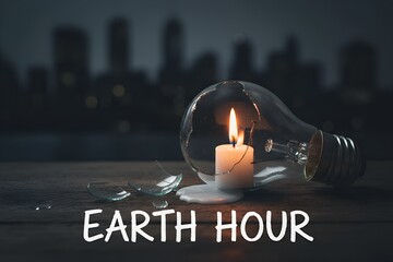 Earth Hour Concept with Candle in Broken Light Bulb &mdash; Energy Saving & Environmental Awareness