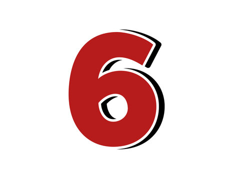 Number 6 sign symbol red color with 3d shadow on transparent background