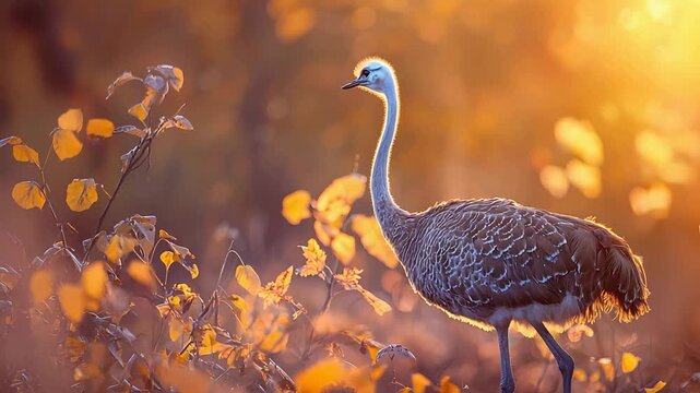 Graceful Rhea Bird Stands Bathed in Golden Hour Light with Warm Autumn Foliage.