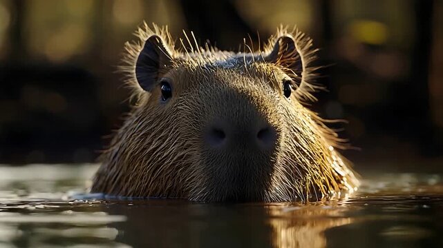 Close up of an adorable capybara swimming in water, observing its natural habitat calmly.