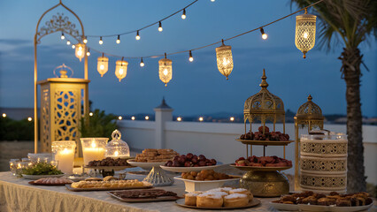 Obraz premium Ramadan iftar table setup outdoors with lanterns dates and traditional food at dusk