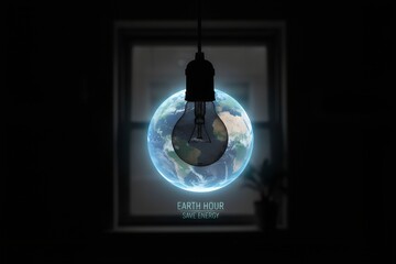 Image 2 Title: Earth Hour Concept with Light Bulb in Dark Room Save Energy Message