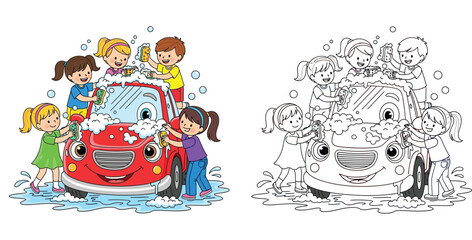 Cartoon children washing a smiling red car with soap bubbles, colorful illustration and black and white outline coloring book page © MstTabassum