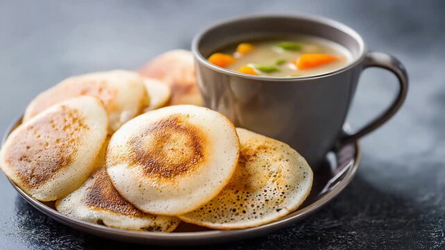 Delicious Homemade Pancakes and Warm Savory Vegetable Soup on a Dark Tabletop.