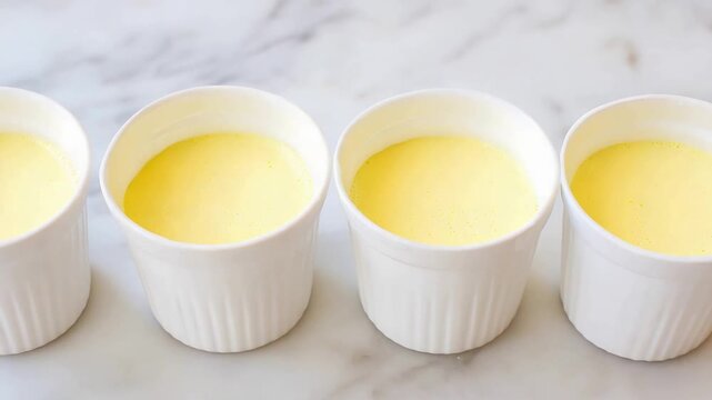 Four Small White Ramekins Filled with Bright Yellow Custard Ready for Baking.