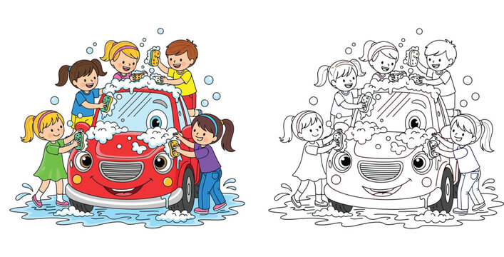 Cartoon children washing a smiling red car with soap bubbles, colorful illustration and black and white outline coloring book page