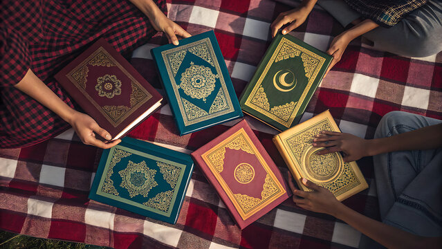 Overhead View of Islamic Books on Picnic Blanket: Faith, Culture, and Community