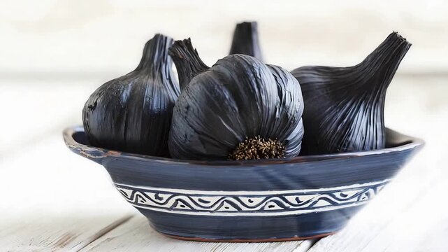 Close up of gourmet black garlic bulbs in a rustic ceramic bowl on a wooden surface.