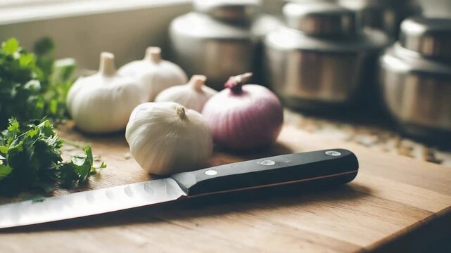 Fresh garlic, red onion, herbs, and a chef knife on a kitchen cutting board.