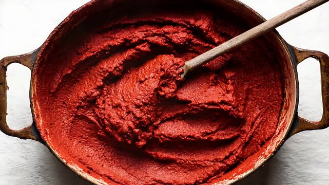 Preparing delicious homemade tomato paste with a wooden spoon in a rustic cast iron pot.