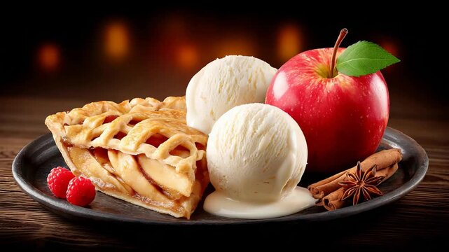 Delicious Apple Pie with Vanilla Ice Cream and Fresh Red Apple, a Cozy Dessert.