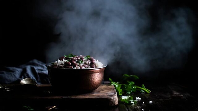 Hearty Hot Red Beans and Fluffy Rice Dish Emitting Steam, Ready to Eat.