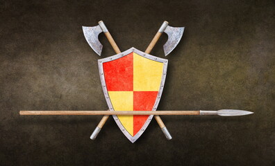 knight shield spear and two axes on grunge background