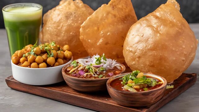 Close Up Delicious Chole Bhature with Spicy Chickpea Curry and Refreshing Green Drink.