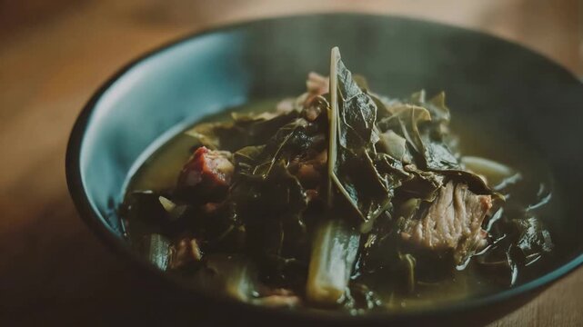 Close Up of Steaming Hearty Greens and Meat Stew Served in a Dark Bowl.