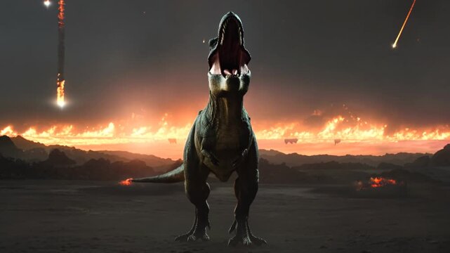 Tyrannosaurus Rex Dinosaur Facing Meteor Shower Cataclysmic Extinction Event.