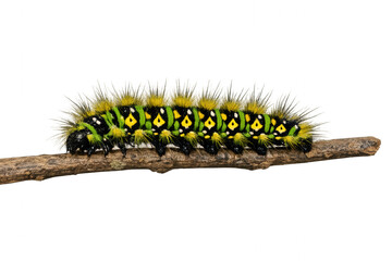 Fototapeta premium Colorful caterpillar with black, green, and yellow markings crawling on a twig, transparent background