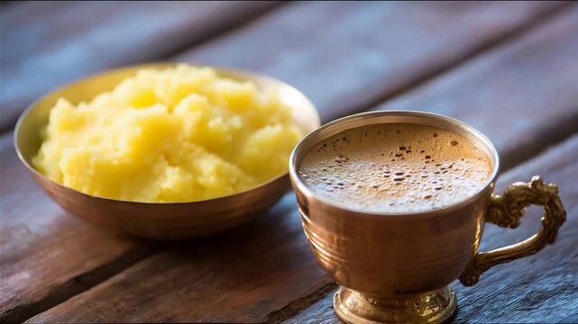 Invigorating hot coffee in ornate brass cup with golden ghee on rustic wood.