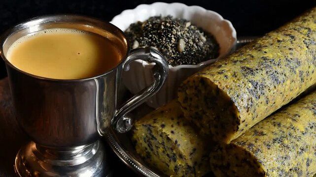Warm Golden Beverage in Elegant Silver Mug Served with Seeded Yellow Dessert Rolls and Grains.