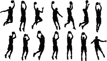 Basketball Player Silhouette Set in Jump Shot and Dunk Action Poses Isolated on White Background, Sport Athlete Collection for Game and Training Design © Jakir