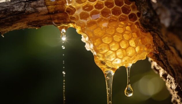 macro of honey dripping from beehive on tree branch perfect for international day of forests