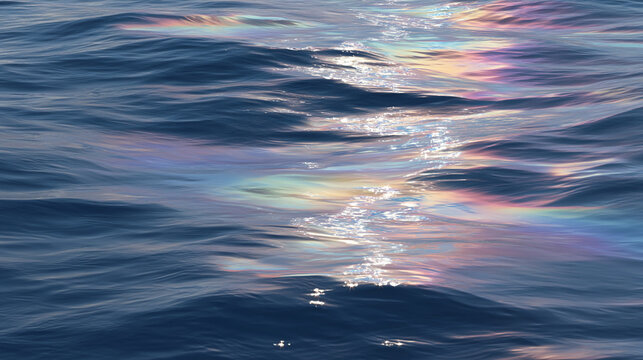 The sun's reflection creates a colorful display on rippling ocean water surface