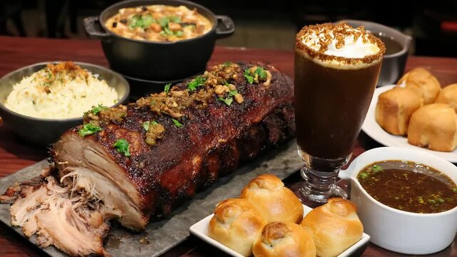 Succulent Slow Cooked Barbecue Pork Ribs Dinner with Delicious Sides and Refreshing Drink.