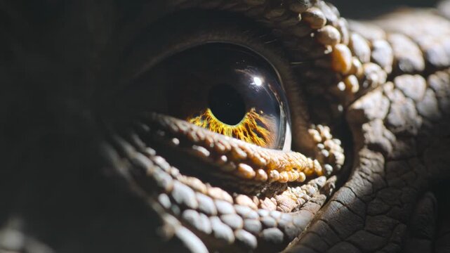 Extreme Close Up of a Reptiles Eye with Golden Iris and Scaly Skin.