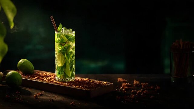 Captivating Close Up of a Classic Mojito Beverage with Lime, Mint, and Cinnamon.