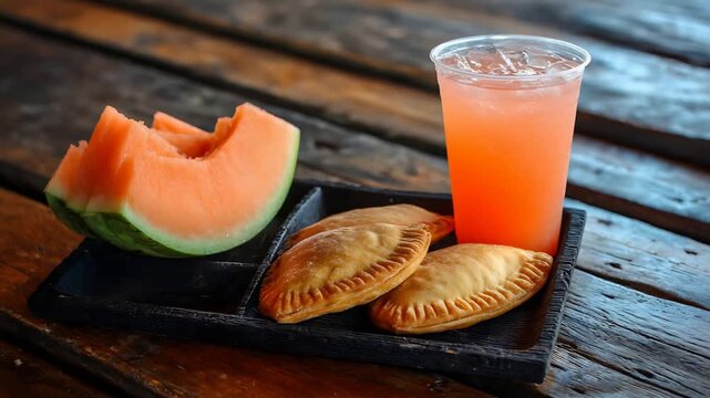 Refreshing cantaloupe, savory pastries, and an iced beverage offer a delicious and balanced snack.