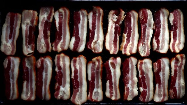 Rows of fresh raw bacon strips arranged neatly on a dark baking sheet, ready to cook.