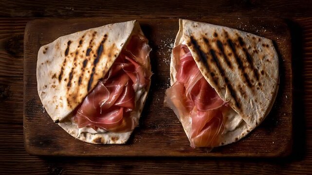 Authentic Italian Flatbread Sandwiches Filled with Delicate Prosciutto and Cheese on Dark Wood.