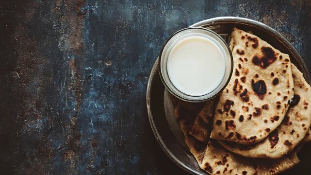 Delicious Homemade Flatbreads and Fresh Milk Served on a Rustic Table, Top Down View.