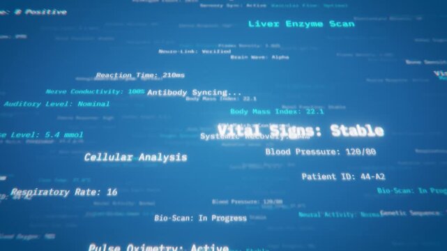 Patient vital signs and medical data streaming on a futuristic blue digital interface display