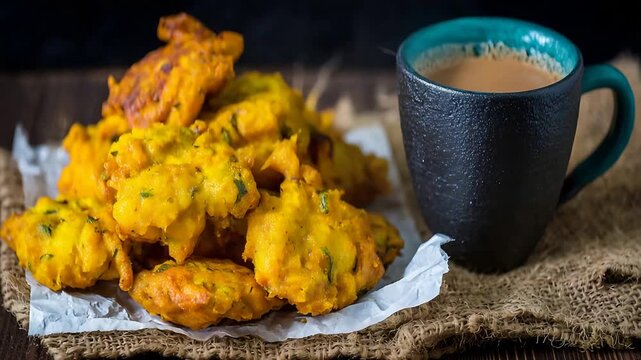 Delicious golden fried Indian pakoras and steaming hot chai tea on a rustic wooden table.