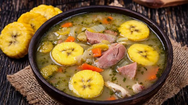 Warm and comforting Latin American sancocho soup with tender plantain slices and savory pork.