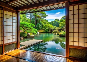 Fototapeta premium Traditional Japanese sliding doors leading to a serene water feature in a beautifully landscaped pond garden