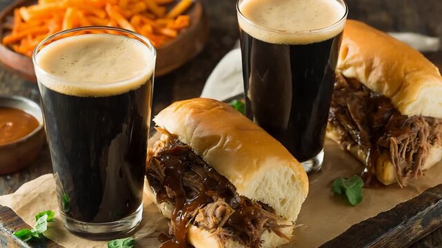 Appetizing Pulled Pork Sandwiches with BBQ Sauce and Cold Dark Craft Beer Ready to Enjoy.