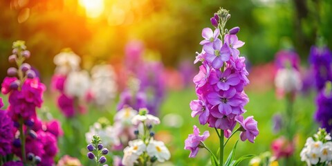 Obraz premium Matthiola incana flower in a garden amidst lush greenery and vibrant wildflowers