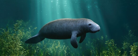 Obraz premium A serene manatee glides gracefully through tranquil clear freshwater habitat.