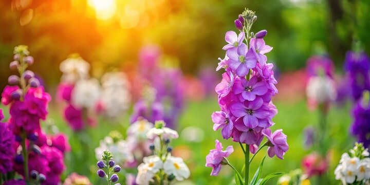 Matthiola incana flower in a garden amidst lush greenery and vibrant wildflowers