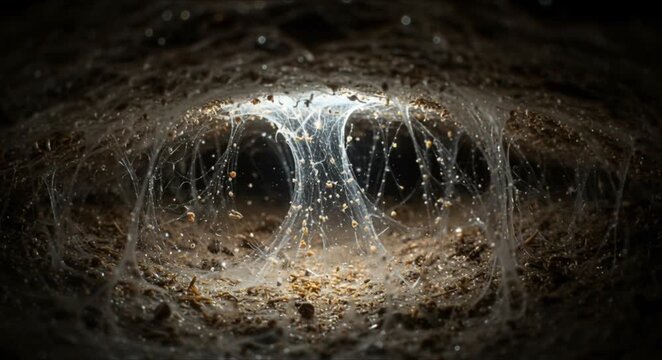 macro mycelium threads linking roots in forest floor perfect for international day of forests