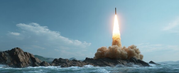 Obraz premium A military missile blasts skyward like a rocket-fueled arrow from a coastal defense platform
