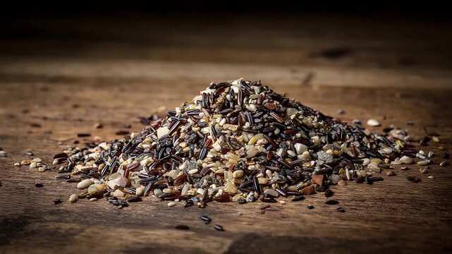 Close up of diverse organic wild rice and grain blend piled on rustic wooden table.