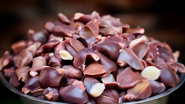 Fresh Raw Chicken Gizzards and Hearts with Garlic Cloves Ready for Cooking.