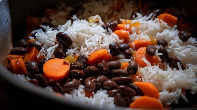 Wholesome White Rice, Black Beans, and Fresh Carrots Cooking in a Pot.