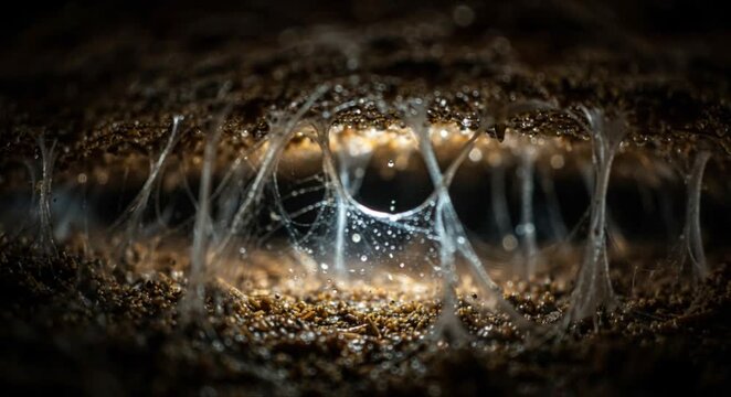 macro mycelium threads linking roots in forest floor perfect for international day of forests