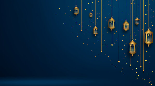 Blue Eid Lantern Background with Hanging Lights