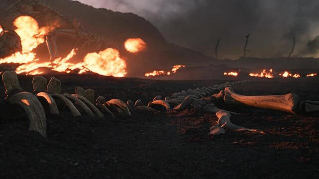 Apocalyptic landscape with burning debris and skeletal remains under a stormy sky.
