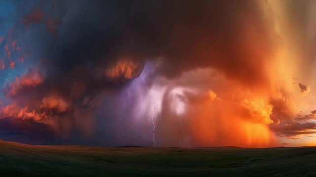 Powerful lightning bolt illuminates a dramatic thunderstorm and fiery sunset over an expansive green field.